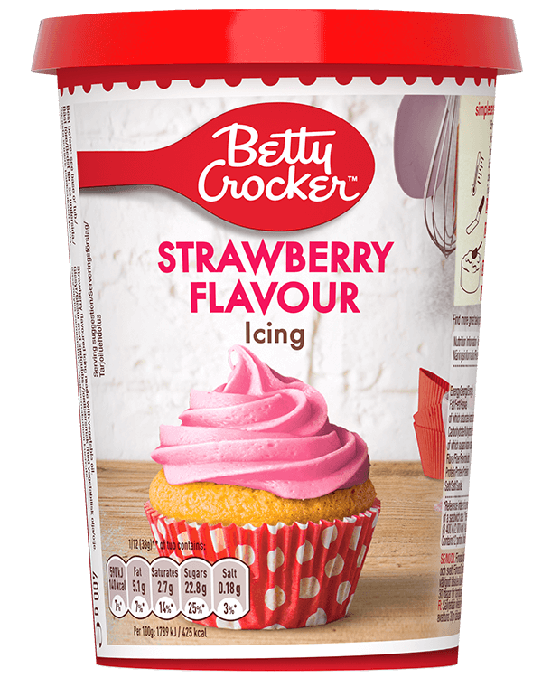 a tub of Betty Crocker's Strawberry flavoured icing