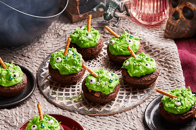 witch's brownie cauldron served on a designer plate