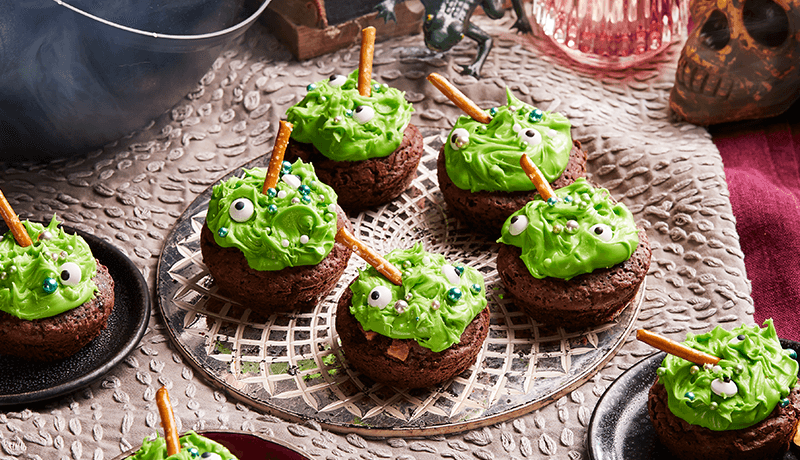 witch's brownie cauldron served on a designer plate