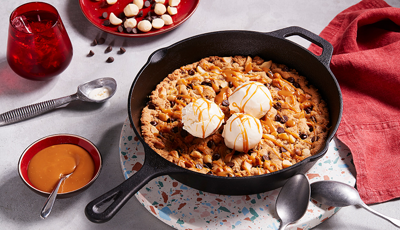 Hot Chocolate Chip and Salted Caramel Skillet Cookie